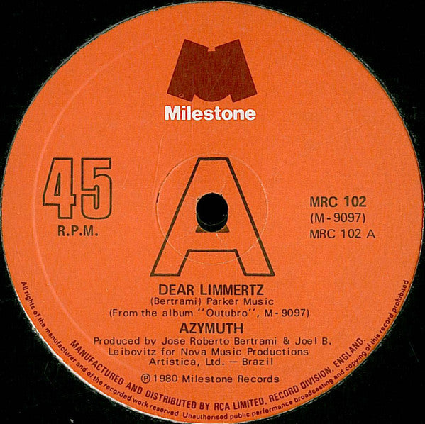 Image of Back Cover of 12" - VG/VG+ - AZYMUTH, Dear Limmertz / Papasong (Milestone; MRC 102, UK 1980, Stickered Company Sleeve), original stickered sleeve,  - 4346105S