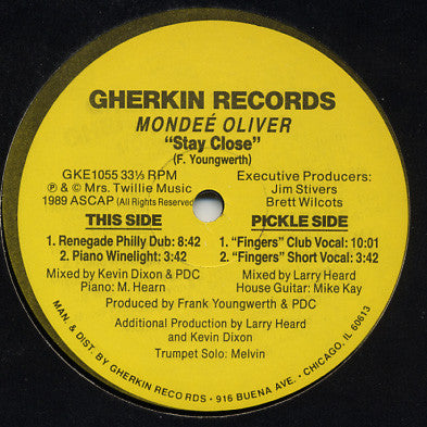Image of Back Cover of 12" - /VG+ - MONDE  OLIVER, Stay Close (Gherkin; GKE1055, US 1989, Plain Sleeve), ,  - 3346038S