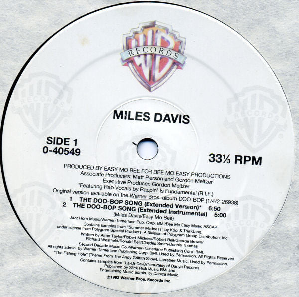 Image of Label Cover of 12" - VG+/VG+ - MILES DAVIS, The Doo-Bop Song  (Warner Bros; 0-40549, US 1992, Picture Sleeve), ,  - 3026166E