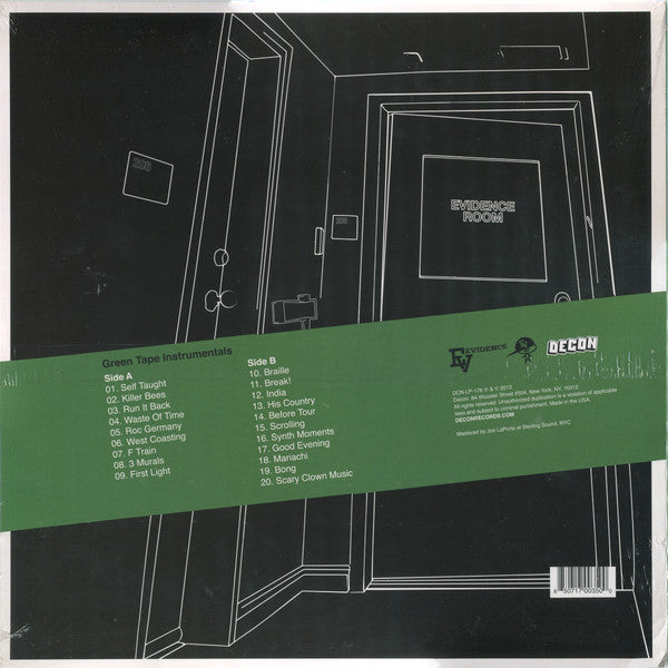Image of Back Cover of LP - EX/EX - EVIDENCE, Green Tape Instrumentals (Decon; DCN-LP-178, US 2013, Translucent Green), , Once again Evidence delivers with a nice collection of beats. The Green Tape is very easy to listen to and it's sure to get your head nodding to the smooth samples and the hard-hitting bass. - 1746267S