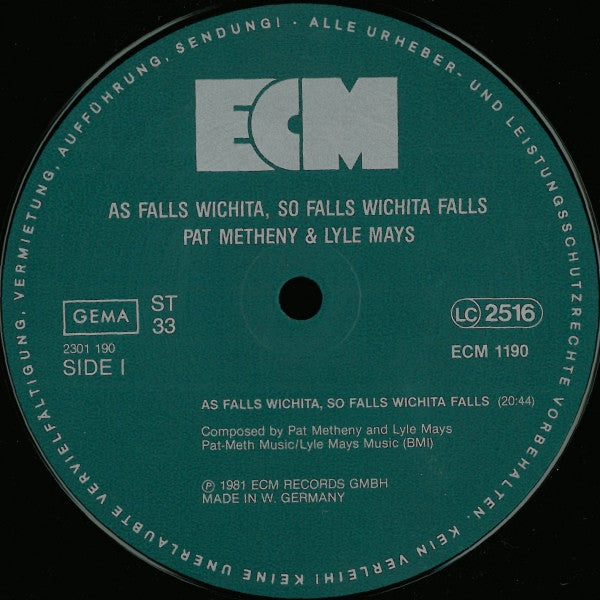 Image of Label Cover of LP - VG+/VG+ - PAT METHENY & LYLE MAYS, As Falls Wichita, So Falls Wichita Falls (ECM; ECM 1190, Germany 1981, Picture Sleeve), ,  - 3926249E