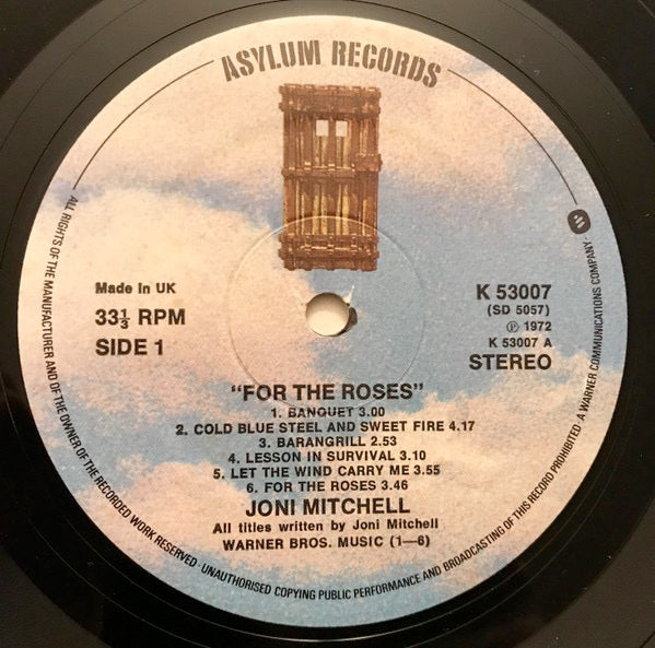 Image of Label Cover of LP - VG/G - JONI MITCHELL, For The Roses (Asylum Records Blue Door Label; K 53007, UK 1976 Reissue, Gatefold With Extra Page), ,  - 2616329C