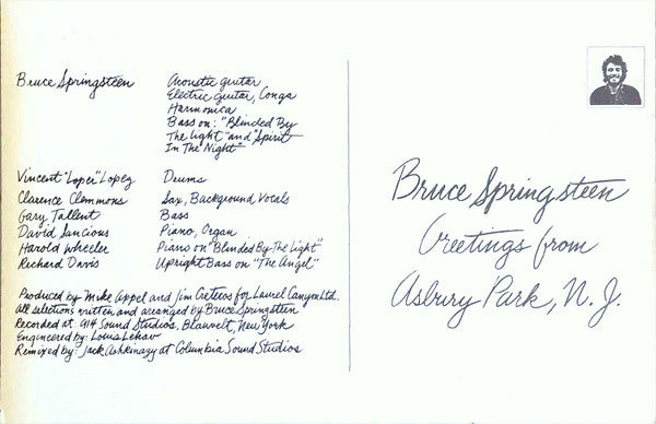 Image of Back Cover of 3524359E: LP - BRUCE SPRINGSTEEN, Greetings From Asbury Park N.J. (CBS Orange/Yellow; S 65480, Europe 1975 Reissue, Die Cut Gatefold Sleeve, Postcard flap sleeve.) Strong VG  VG/VG