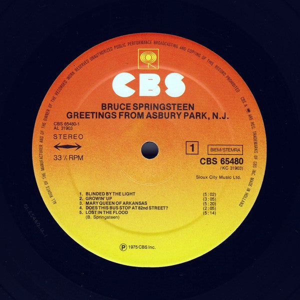 Image of Label of 3524359E: LP - BRUCE SPRINGSTEEN, Greetings From Asbury Park N.J. (CBS Orange/Yellow; S 65480, Europe 1975 Reissue, Die Cut Gatefold Sleeve, Postcard flap sleeve.) Strong VG  VG/VG