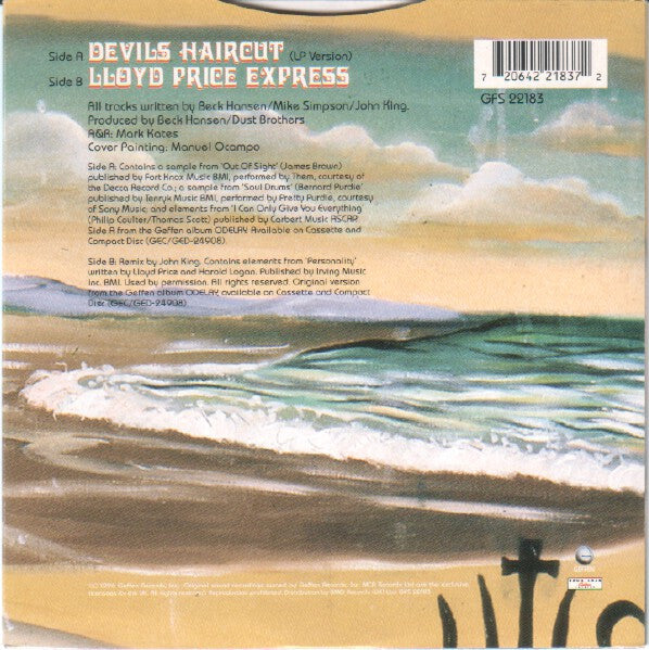 Image of Back Cover of 7" - VG/VG+ - BECK, Devils Haircut (Geffen Records; GFS 22183, UK 1996, Picture Sleeve), Damage To Sleeve Opening,  - 1826283E
