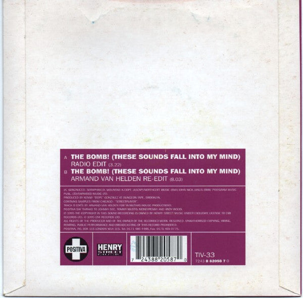 Image of Back Cover of 7" - G+/VG+ - KENNY "DOPE" PRESENTS THE BUCKETHEADS , The Bomb! (These Sounds Fall Into My Mind) / (Armand Van Helden Re-Edit) (Positiva; TIV-33, UK 1995, Picture Sleeve), Wear to sleeve.,  - 2456050S