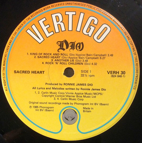 Image of Label Cover of LP - VG/VG - DIO, Sacred Heart (Vertigo; VERH 30, UK 1985, Inner), ,  - 1626215E