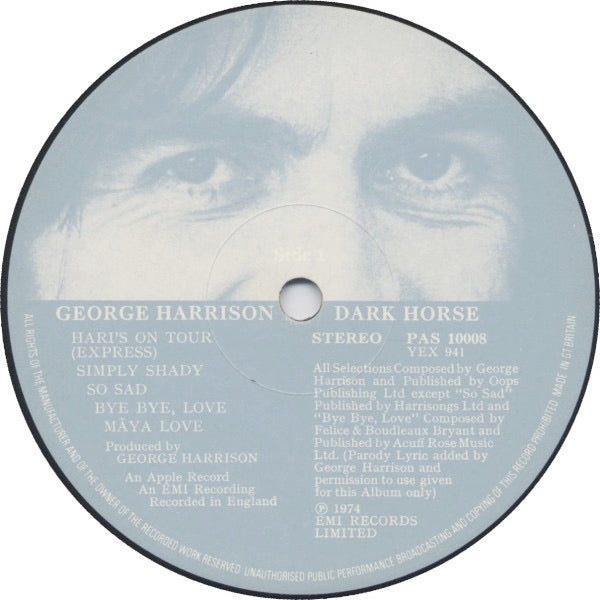 Image of Label Cover of LP - VG+/VG - GEORGE HARRISON, Dark Horse (Apple Blue/Grey Labels; PAS10008, UK 1974, Gatefold, Inner & Insert, First Pressing), ,  - 3126239E
