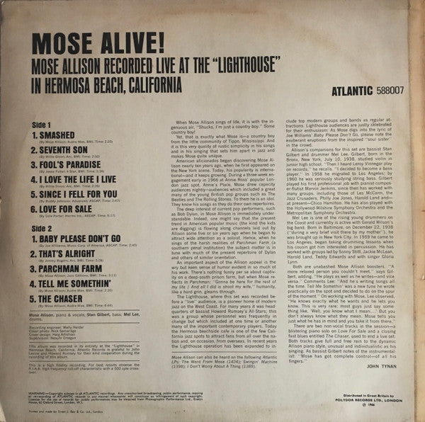 Image of Back Cover of LP - VG/VG+ - MOSE ALLISON, Mose Alive! (Atlantic Plum & Orange; 587007, UK 1966, Stereo), ,  - 4126338E