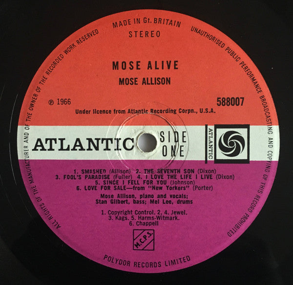 Image of Label Cover of LP - VG/VG+ - MOSE ALLISON, Mose Alive! (Atlantic Plum & Orange; 587007, UK 1966, Stereo), ,  - 4126338E