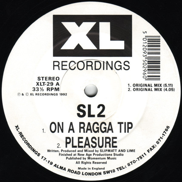 Image of Back Cover of 12" - G+/G+ - SL2, On a Ragga Tip (XL; XLT29, UK 1992, Company Sleeve), Lots of light marks, A1	On A Ragga Tip (Original Mix)A2	Pleasure (Original Mix)	AA1	Changing Trax (Original Mix)	AA2	Bassquake (Plus 8 Mix)	 - 3326285E