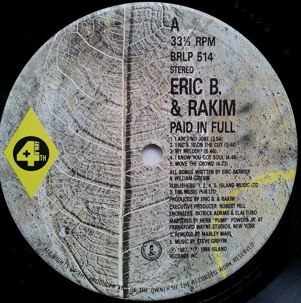 Image of Label Cover of LP - G+/G+ - ERIC B & RAKIM, Paid in Full (4th &B'Way; BRLP 514, UK 1987), Edgewear, partial seam split on spine (frayed). Many light hairlines. ,  - 3826244E