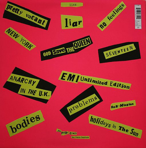 Image of Back Cover of LP - VG+/VG+ - SEX PISTOLS, Never Mind The Bollocks Here's The Sex Pistols (Virgin; VP2086, UK 1998 Reissue, Limited, Numbered, 21st Anniversary Edition. Pink Vinyl), No. 1820. Small promo sticker on rear.,  - 2516143C