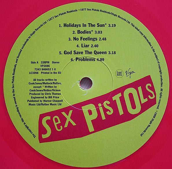 Image of Label Cover of LP - VG+/VG+ - SEX PISTOLS, Never Mind The Bollocks Here's The Sex Pistols (Virgin; VP2086, UK 1998 Reissue, Limited, Numbered, 21st Anniversary Edition. Pink Vinyl), No. 1820. Small promo sticker on rear.,  - 2516143C