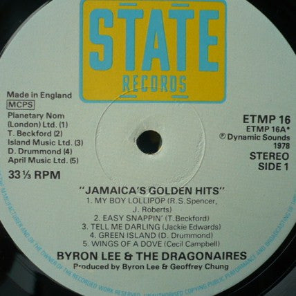 Image of Label Cover of LP - VG+/VG - BYRON LEE, THE DRAGONAIRES & FRIENDS, Jamaica's Golden Hits (State Records; ETMP 16, UK 1978), Hairlines. Light ringwear.,  - 5225006E