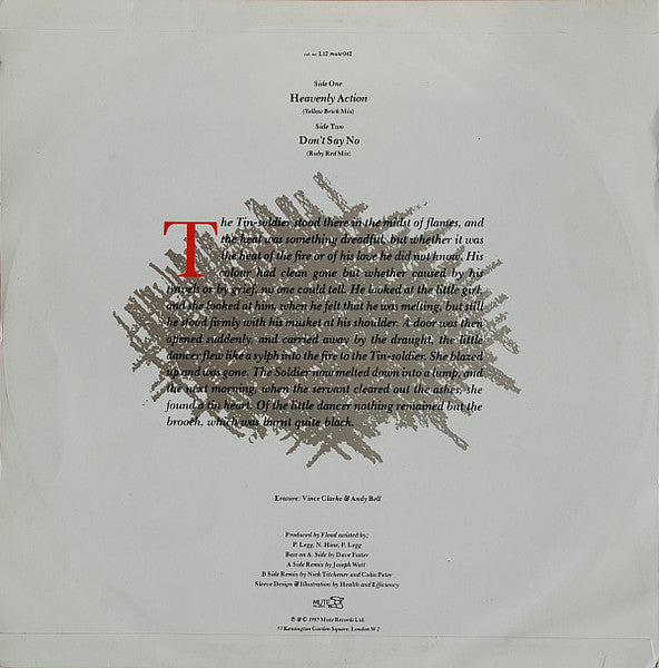 Image of Back Cover of 12" - VG/VG+ - ERASURE, Heavenly Action (Yellow Brick Mix) / Don't Say No (Ruby Red Mix) (Mute; L12MUTE042, UK 1985, Picture Sleeve, Remix by Joseph Watt of Razormaid), Light edge & ring wear, couple of very light marks on side2,  - 3946002S