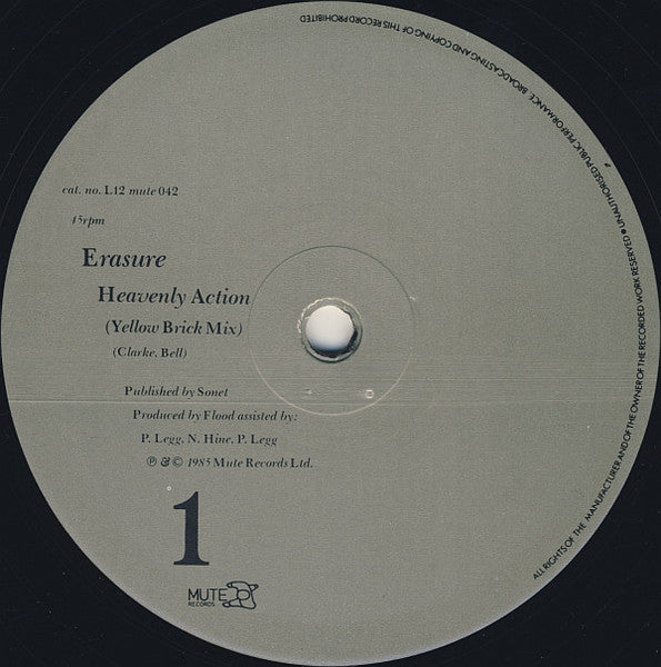 Image of Label Cover of 12" - VG/VG+ - ERASURE, Heavenly Action (Yellow Brick Mix) / Don't Say No (Ruby Red Mix) (Mute; L12MUTE042, UK 1985, Picture Sleeve, Remix by Joseph Watt of Razormaid), Light edge & ring wear, couple of very light marks on side2,  - 3946002S