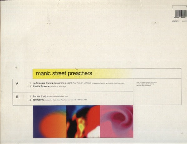 Image of Back Cover of 12" - VG+/VG+ - MANIC STREET PREACHERS, La Tristesse Durera (Columbia; 6594776, UK 1993, Stickered Sleeve, Poster), ,  - 3316158C