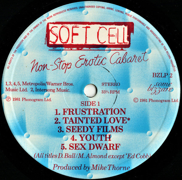 Image of Label Cover of LP - G+/VG - SOFT CELL, Non-Stop Erotic Cabaret (Some Bizzare; BZLP2, UK 1981, No Inner), Hairlines. Heavy edge wear, ring wear and creasing. ,  - 3846218S