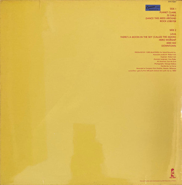 Image of Back Cover of LP - VG/VG - THE B-52'S, The B-52's (Island; ILPS9580, UK 1979, Laminated Sleeve, Inner With Curved Corners), A few light hairlines.  Sleeve in great shape but 'GEMA' is written in thick black permanent ink on the back.,  - 3926307E
