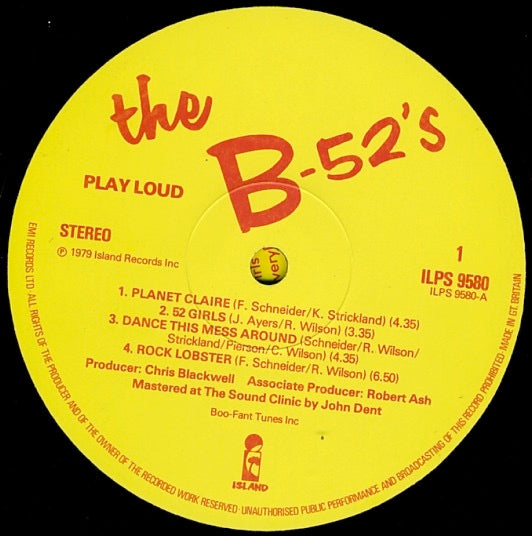 Image of Label Cover of LP - VG/VG - THE B-52'S, The B-52's (Island; ILPS9580, UK 1979, Laminated Sleeve, Inner With Curved Corners), A few light hairlines.  Sleeve in great shape but 'GEMA' is written in thick black permanent ink on the back.,  - 3926307E