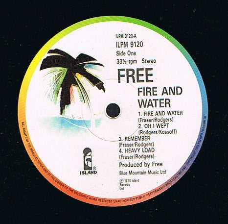 Image of Label Cover of LP - VG+/VG+ - FREE, Fire and Water (Island Colourband Rim; ILPM9120, UK 1993 Reissue, Company Inner), ,  - 3826265E