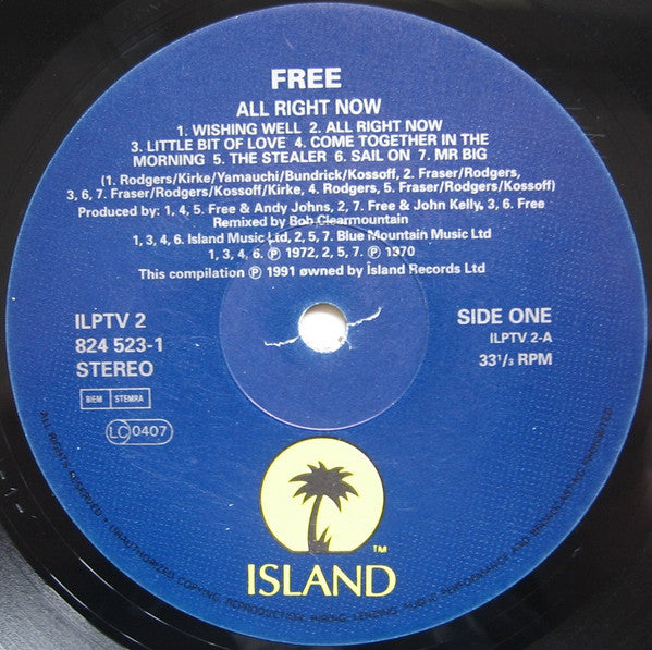 Image of Label Cover of LP - VG/G+ - FREE, The Best Of Free (All Right Now) (Island Records; ILPTV 2 824 523-1, UK 1991, Inner), Light Marks only.,  - 2316104C