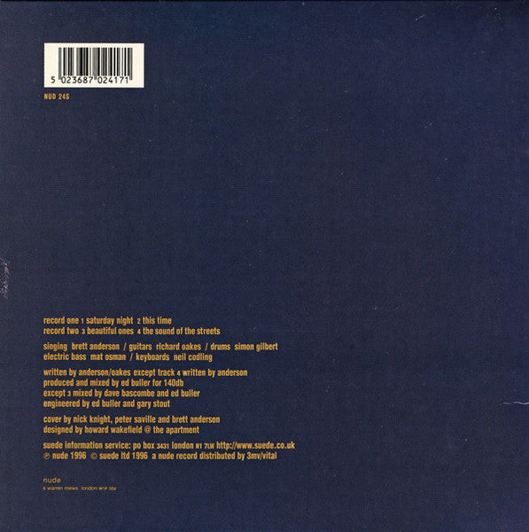 Image of Back Cover of 2x7" - VG/VG - SUEDE, Saturday Night / Beautiful Ones (Nude Records; NUD 24S, UK 1997, Gatefold), Just pressure/storage type mark to side 3. Minor wear to sleeve.,  - 2916359C