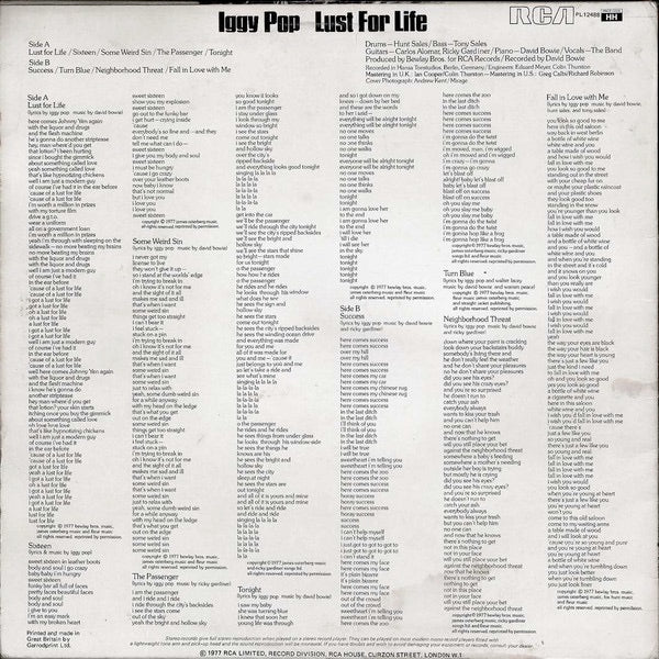 Image of Back Cover of 5114003C: LP - IGGY POP, Lust for Life (RCA Victor Orange; PL 12488, UK 1977) Nice copy, Glossy vinyl, Lightest of marks. Sleeve is a Strong VG with a light spine pinch and a few stain spots  VG/VG+