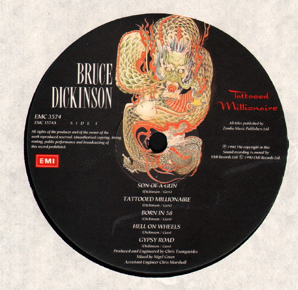 Image of Label Cover of LP - VG/G+ - BRUCE  DICKINSON , Tattooed Millionaire  (EMI; EMC 3574, UK 1990, Inner), ,  - 2326290E
