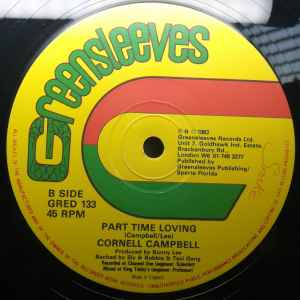 Image of Back Cover of 4725018E: 12" - CORNELL CAMPBELL, Never Let Go / Part Time Loving (Greensleeves Records; GRED 133, UK 1983, Company Sleeve) Some marks.  VG/VG
