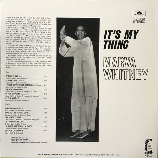 Image of Back Cover of LP - VG+/VG+ - MARVA WHITNEY, It's My Thing (Polydor Red Label; PD 1062, US Reissue, No Barcode), ,  - 1626324E
