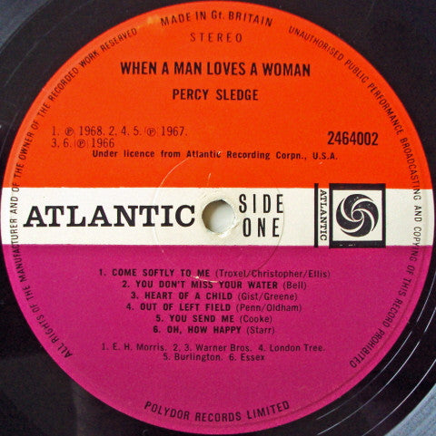 Image of Label Cover of LP - VG/VG+ - PERCY SLEDGE, When a Man Loves a Woman (Atlantic Plum & Orange; 2464002, UK 1970, Laminated Sleeve), Ringwear. Light motling of laminated sleeve.,  - 4046117S