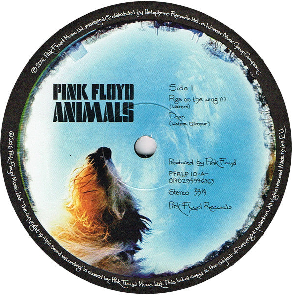 Image of Label Cover of LP - VG/VG - PINK FLOYD, Animals (Pink Floyd Records Picture Labels With Break In Rim Text; PFRLP10, Europe 2016 Reissue, Gatefold, Inner, 180 Gram Vinyl, Remastered), Strong VG,  - 4316403C