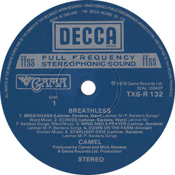 Image of Label Cover of 4224354E: LP - CAMEL, Breathless  (Decca; TXS-R 132, UK 1978, Insert)   VG/VG+