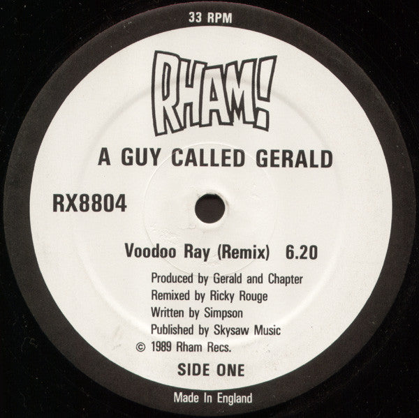 Image of Front Cover of 12" - G+/G+ - A GUY CALLED GERALD, Voodoo Ray (Remix) (Rham!; RX8804, UK 1989, Black Company Sleeve), Lots of light marks and hairlines + one particularly deep gauge about 1 cm into A side that causes audible click for first 30 seconds. Sleeve is ringworn and creased.,  - 3316250C