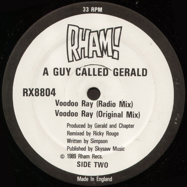 Image of Back Cover of 12" - G+/G+ - A GUY CALLED GERALD, Voodoo Ray (Remix) (Rham!; RX8804, UK 1989, Black Company Sleeve), Lots of light marks and hairlines + one particularly deep gauge about 1 cm into A side that causes audible click for first 30 seconds. Sleeve is ringworn and creased.,  - 3316250C