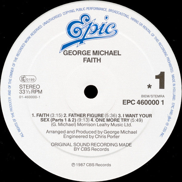 Image of Label Cover of LP - VG/VG - GEORGE MICHAEL, Faith (Epic; EPC 460000 1, Europe 1987, Inner & Insert, Artist name on label is touching Epic logo), ,  - 2526046E