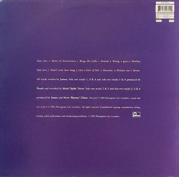 Image of Back Cover of 4844165S: LP - JAMES, Seven (Fontana; 510932, UK 1992, Inner) Edge and Ring Wear, hype sticker still attached  VG/VG+