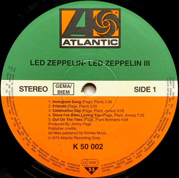 Image of Label Cover of LP - VG+/VG - LED ZEPPELIN, Led Zeppelin III (Atlantic Orange & Green; ATL 50 002, Europe 1991 Reissue, Gatefold, Wheel Sleeve), Hairlines,  - 4246365S