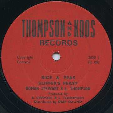 Image of Label Cover of 4615704C: 12" - ROMAN STEWART & LINVAL THOMPSON, Rice & Peas / Suffer's Feast / Breaking Up (Thompson & Koos; TK 002, UK 1979, Company Sleeve) Plays with surface throughout, still acceptable. Clean labels.  VG/G+