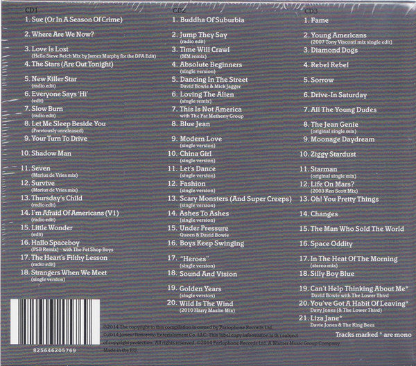 Image of Back Cover of 3xCD - VG+/VG+ - DAVID BOWIE, Nothing Has Changed (Parlophone; 825646205769, Europe 2014, Box Set), Slight wear crease in card spine.,  - 4436102E