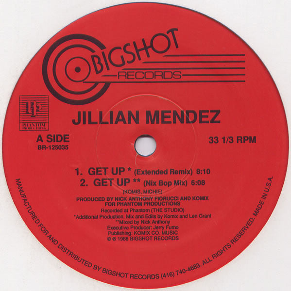 Image of Front Cover of 12" - /VG - JILLIAN MENDEZ, Get Up (Bigshot Records; BR-125035, Canada 1988), ,  - 2146109S