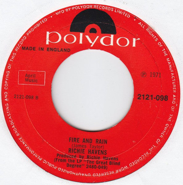 Image of Back Cover of 7" - /VG+ - RICHIE HAVENS, What About Me / Fire and Rain (Polydor Red Label; 2121-098, UK 1972, Large Centre Hole), ,  - 3226204E