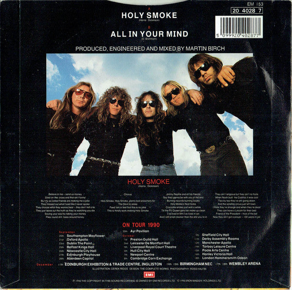 Image of Back Cover of 4715274C: 7" - IRON MAIDEN, Holy Smoke  (EMI; EM 153, UK 1990, Picture Sleeve, Paper Labels)   VG+/VG+