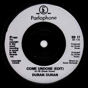 Image of Label Cover of 7" - VG+/VG+ - DURAN DURAN, Come Undone (Parlophone ; DD 17, UK 1993), Very light ring wear.,  - 2916361C