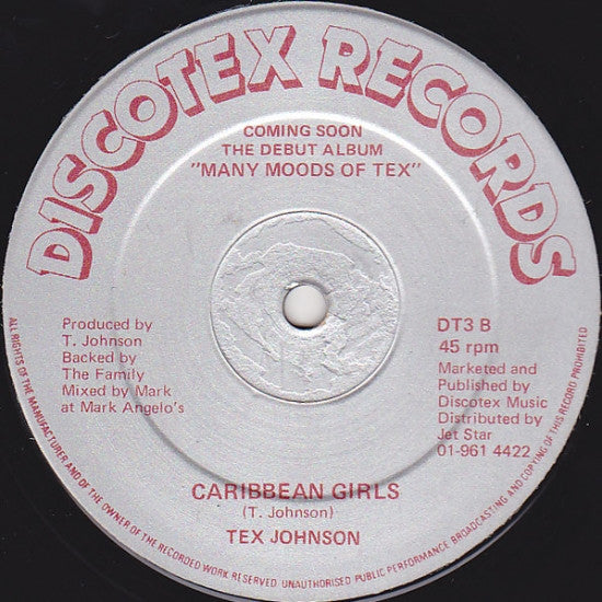 Image of Front Cover of 12" - /G - TEX JOHNSON & GETTO YOUTH, The Reggae Rumba / Caribbean Girls (Discotex Records; DT3, UK 1980s), Strong G with many surface marks only, plays VG.,  - 3546308S