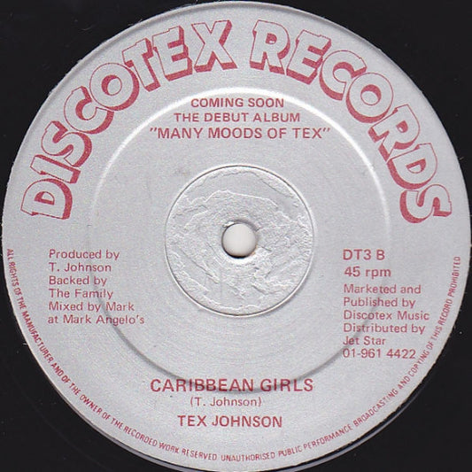 Image of Front Cover of 12" - /G - TEX JOHNSON & GETTO YOUTH, The Reggae Rumba / Caribbean Girls (Discotex Records; DT3, UK 1980s), Strong G with many surface marks only, plays VG.,  - 3546308S