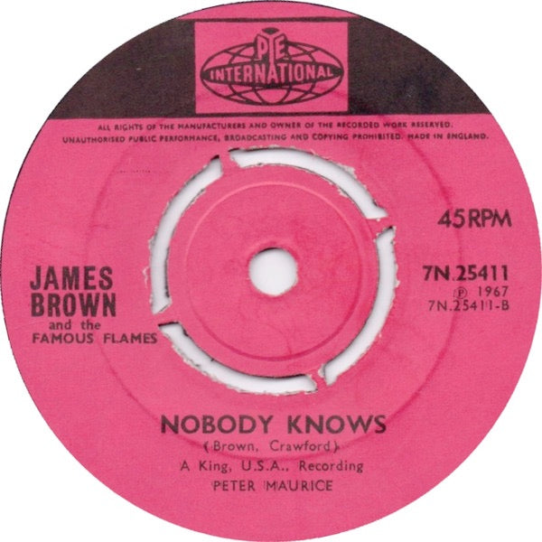 Image of Back Cover of 2114353C: 7" - JAMES BROWN & THE FAMOUS FLAMES, Bring It Up / Nobody Knows (Pye International; 7N.25411, UK 1967) Visable heat damage at edges of disc   DNAP. Centre intact  /VG