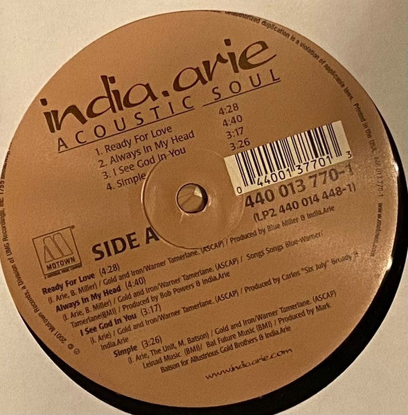 Image of Back Cover of 2xLP - VG/VG - INDIA ARIE, Acoustic Soul (Motown; 440 013 770-1, US 2001, Stickered Plain Sleeve), Light marks only,  - 4226378E